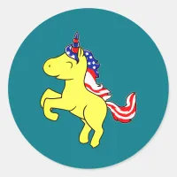 Unicorn Yellow Patriotic USA Flag Mane Cartoon Classic Round Sticker