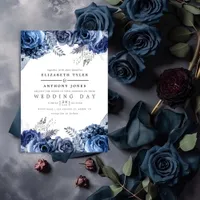 Navy and White with Silver Foil Floral Wedding Invitation