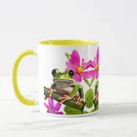 Adorable Green Frog Surrounded by Pink Flowers Mug