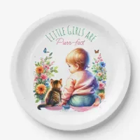 Little Girl and Kitten | Watercolor Baby Shower Paper Plates