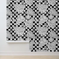 Pizza Patterned Black and White Checkerboard Wallpaper