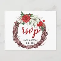 Rustic Poinsettia Winter Foliage Pine cone rsvp Invitation Postcard