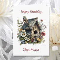 Pretty Watercolor Rustic Birdhouse Birthday Card