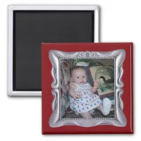 Custom Baby Photo in Fancy Silver Frame Add Photo Magnet