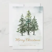 Rustic Watercolor Winter Pine Forest Christmas Holiday Card