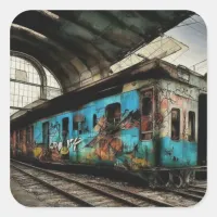 Abandoned Train with Graffiti Urban Street Art Square Sticker