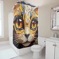 Vibrant Mosaic Cat Stained Glass Artistic Feline  Shower Curtain