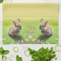 Cute baby rabbit in a flower meadow, easter    kitchen towel