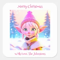 Cute Pink Elf Whimsical Personalized Christmas Square Sticker