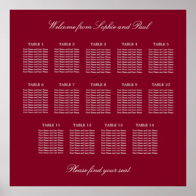 Burgundy 14 Table Wedding Seating Chart Poster