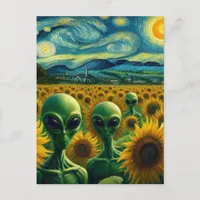 Green Aliens in a Van Gogh Sunflower Field Postcard