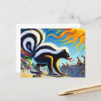 Funny Colorful Skunk Skateboarding Long Tongue  Postcard