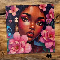 Pretty Woman of Color with Pink Flowers  Jigsaw Puzzle