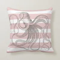 Nautical Vintage Octopus on Coastal Pink Stripes Throw Pillow