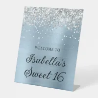 Silver Glitter Dusty Blue Foil Sweet 16 Welcome Pedestal Sign