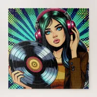 Cool Pop Art Comic Style Girl with Vinyl Album Jigsaw Puzzle