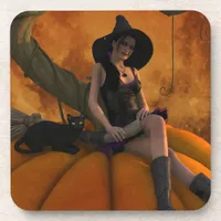 Witch and Cat on Giant Pumpkin  Beverage Coaster