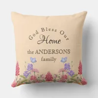 God Bless Our Home Beige Wildflower Family Name Throw Pillow