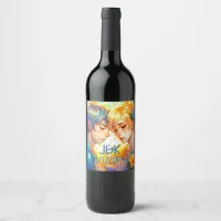 Anime Boy and Girl Floral Couple Personalized Wine Label