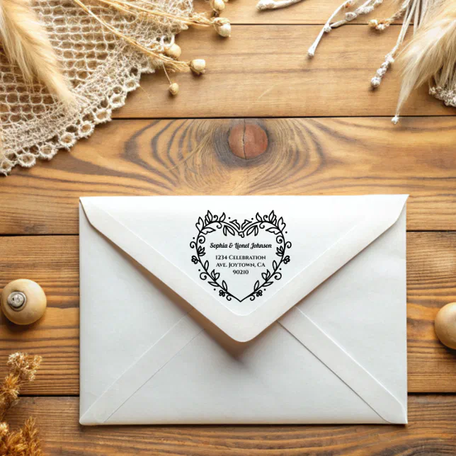 Elegant Floral Heart Wedding Return Address  Rubber Stamp