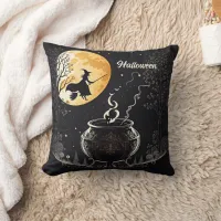 A witch brews potions under the full moon throw pillow