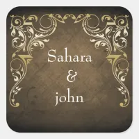 Rustic Regal Ornamental Brown And Gold Wedding Square Sticker