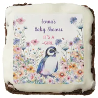 Baby Penguin in Flowers It's a Girl | Baby Shower Brownie