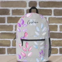 Pastel Hand-painted Watercolor Leaves on Grey  Printed Backpack