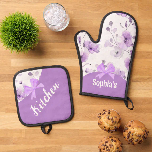 Floral Purple Lilac Ribbon Oven Mitt & Pot Holder Set