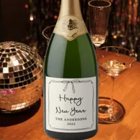 Happy New Year! Personalized Black & White Bow Sparkling Wine Label