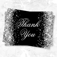 Sparkly Silver Glitter Black Thank You Card