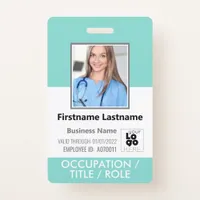 Custom Employee Photo, Barcode Logo Aqua Blue Name Badge