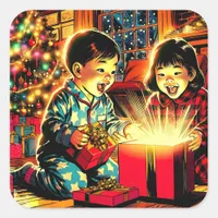 Two Cute Vintage Asian Children Christmas Square Sticker