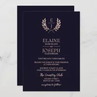 Navy Rose Gold Monogram Wedding Invitations