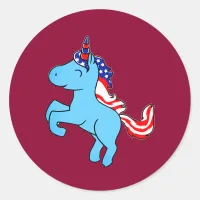 Unicorn Blue Patriotic USA Flag Mane Cartoon Classic Round Sticker