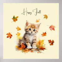 Cute Orange Tabby Kitten in Fall Leaves Poster