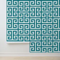 Teal and White Large Greek Key Wallpaper