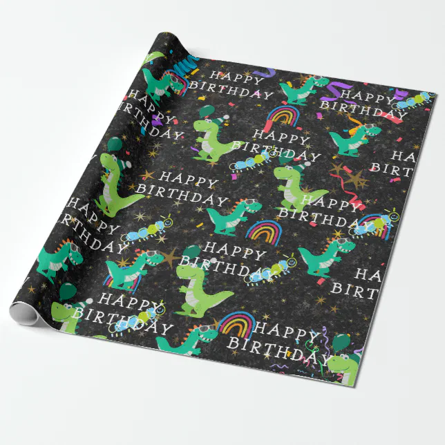 Dinosaur T-rex Chalkboard Rainbow 2nd kid Birthday Wrapping Paper