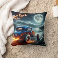 Hot rod racing by a moonlit lake throw pillow