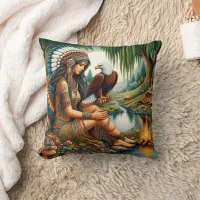 Native American Woman Holding Eagle by Riverbank Throw Pillow