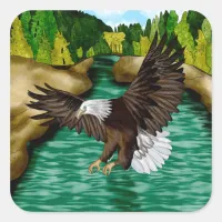 Eagle Flying over River in the Mountains   Square Sticker