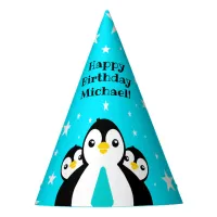 Cute Happy Birthday Boy Penguins Blue Neckties Party Hat