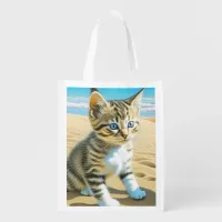 AI Gray Tabby Kitten Playing on a Sandy Beach Grocery Bag