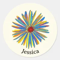 Colorful Flower Pretty Modern Art Custom Name Classic Round Sticker