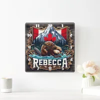 Snowy Mountain, Beaver, Canadian Flag Square Wall Clock