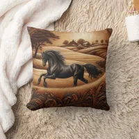 Black Horse at Sunset in Countryside Throw Pillow