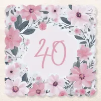 Floral 40th Birthday Party Pastel Pink Flowers Paper Coaster