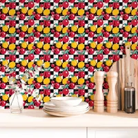 Retro Cherry Lemon Checkered Wallpaper