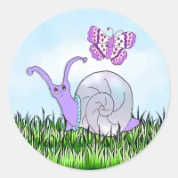 Cute Purple Snail and Butterfly Whimsical Classic Round Sticker
