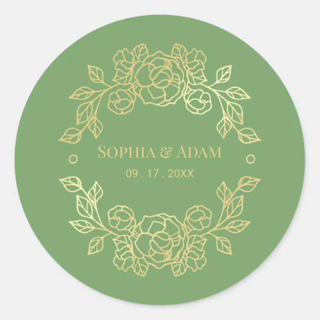 Minimalist Elegant Floral Green And Golden Color  Classic Round Sticker